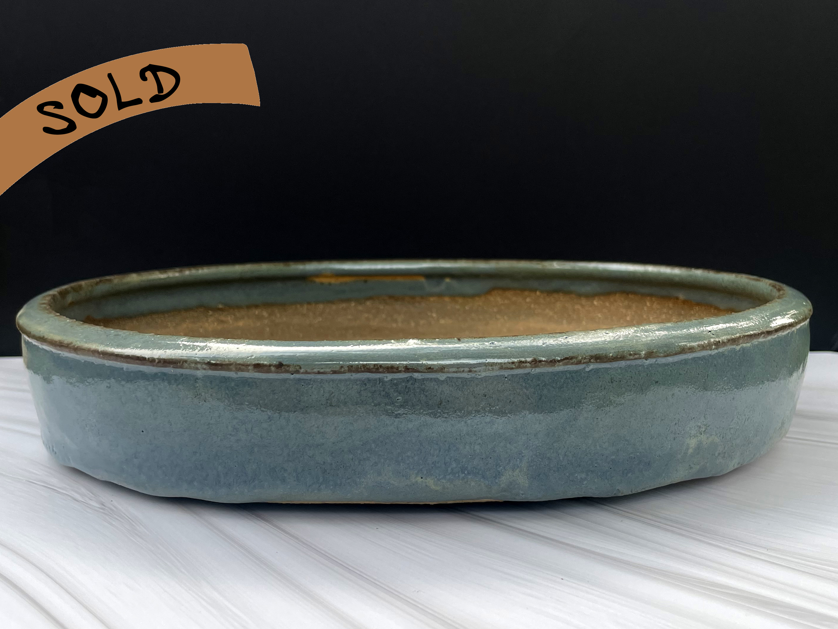 Glossy Blue Oval Bonsai Pot